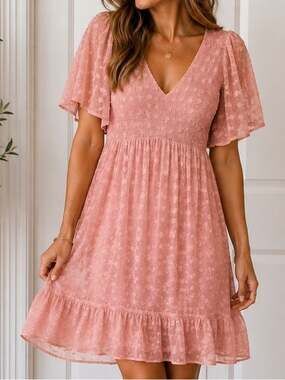 Annebouti Pink Swiss Dot Mini Dress NWT Size M Smocked Flutter Sleeve
